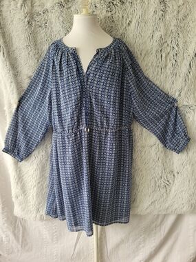ellos Blue Printed Long-Sleeve Tie-Waist Dress